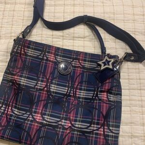 Coach Blue and Pink Plaid Shoulder Bag EUC